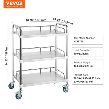 Lab Rolling Cart, 3-Shelf Stainless Steel Rolling Cart, Lab Serving Cart with Swivel Casters, Dental Utility V952-SYSST42014303UK85V0