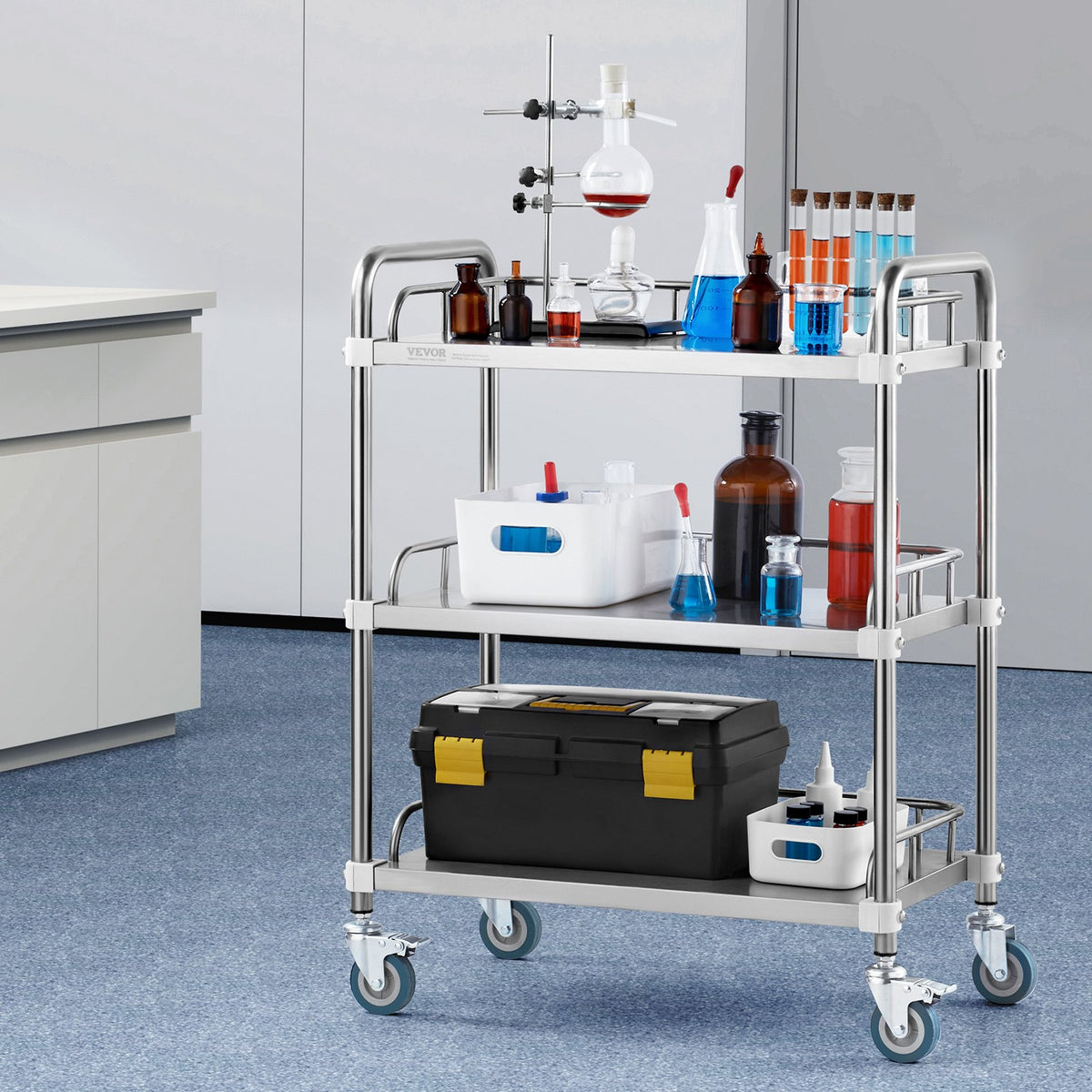 Lab Rolling Cart, 3-Shelf Stainless Steel Rolling Cart, Lab Serving Cart with Swivel Casters, Dental Utility V952-SYSST42014303UK85V0