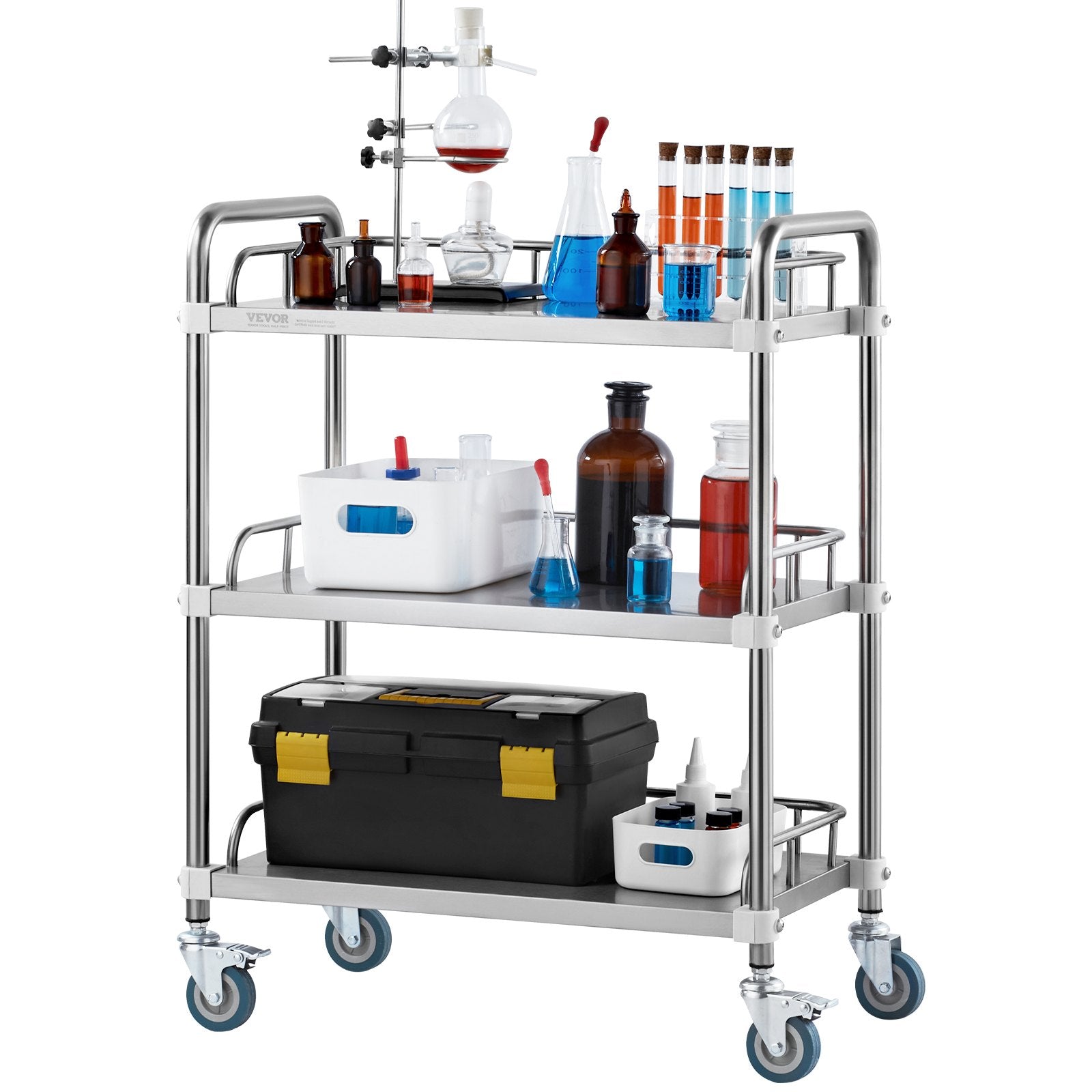 Lab Rolling Cart, 3-Shelf Stainless Steel Rolling Cart, Lab Serving Cart with Swivel Casters, Dental Utility V952-SYSST42014303UK85V0