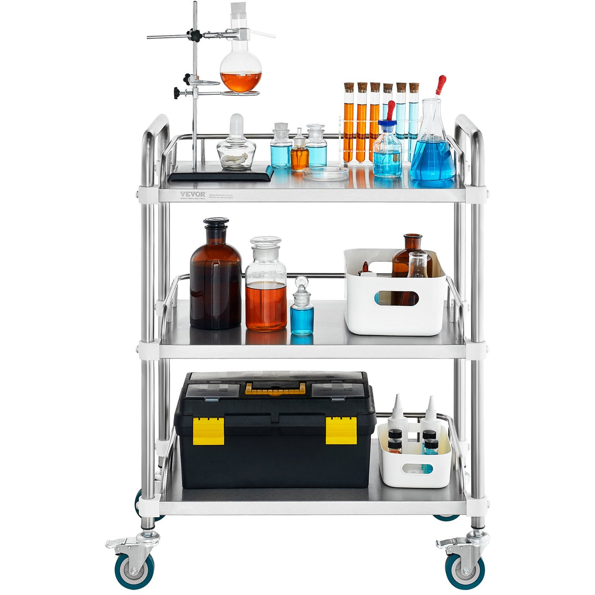 Lab Rolling Cart, 3-Shelf Stainless Steel Rolling Cart, Lab Serving Cart with Swivel Casters, Dental Utility V952-SYSST42014303UK85V0