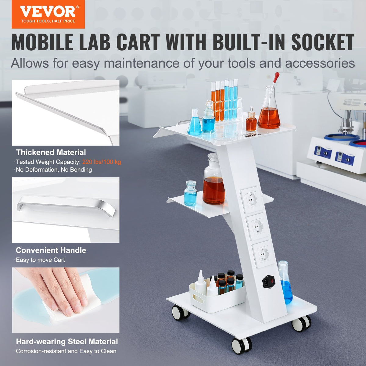 Trolley Cart Dental Lab Mobile Rolling Serving Cart 3 Layers with Socket V952-SYSSTCB4Q23534XEFV3