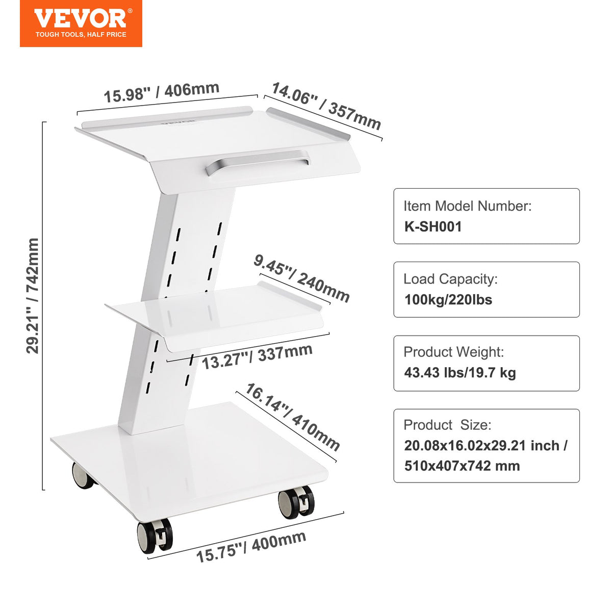 Trolley Cart Dental Lab Mobile Rolling Serving Cart 3 Layers with Socket V952-SYSSTCB4Q23534XEFV3