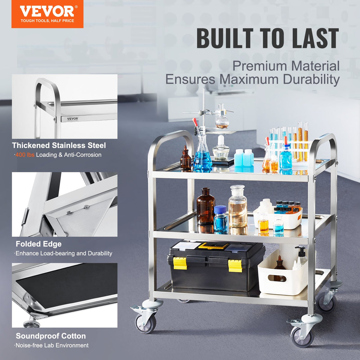 VEVOR Stainless Steel Cart, 3 Layers Lab Utility Cart 181 kg Weight Capacity, Medical Cart with Lockable V952-SYSSTCFB20134R3PNV0
