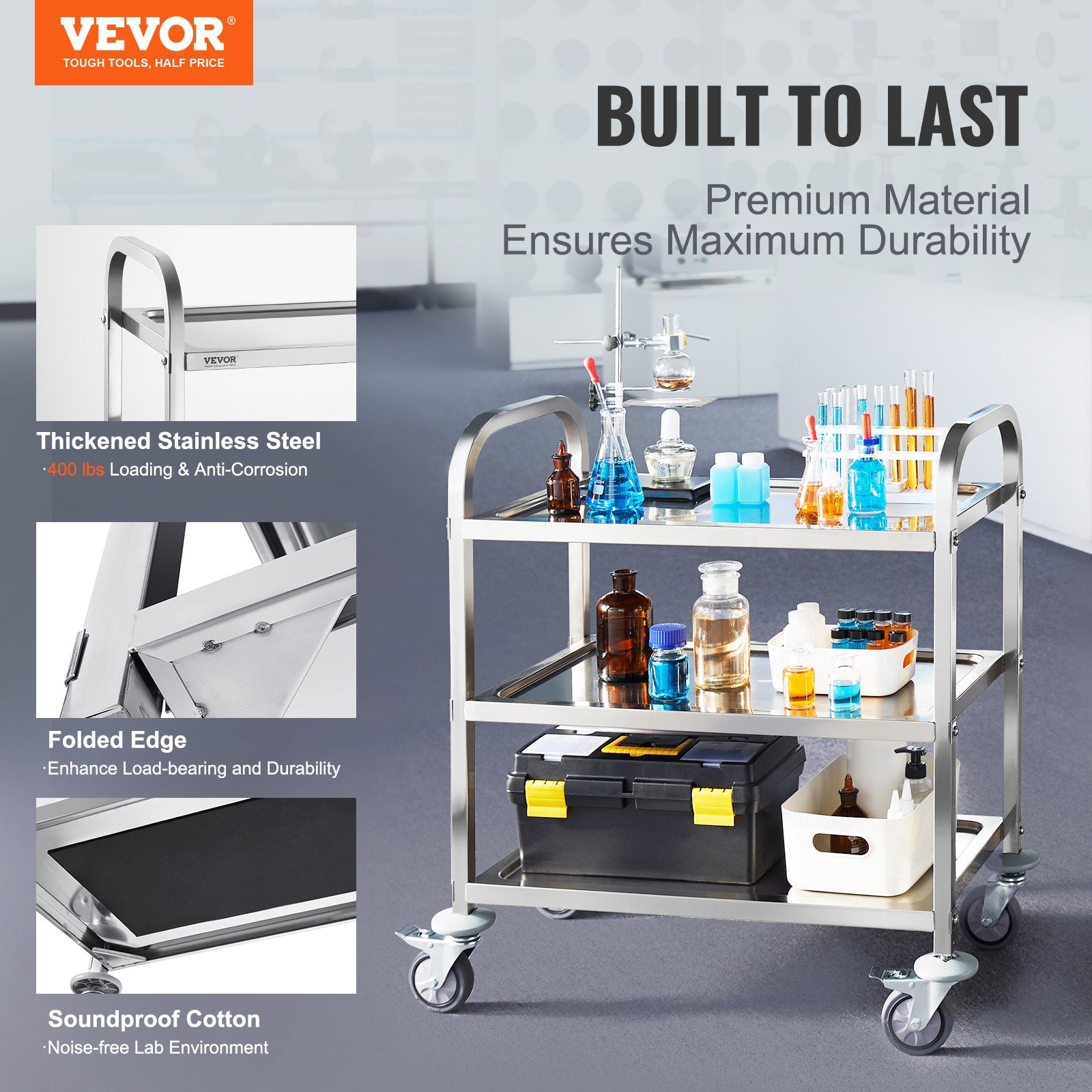 VEVOR Stainless Steel Cart, 3 Layers Lab Utility Cart 181 kg Weight Capacity, Medical Cart with Lockable V952-SYSSTCFB20134R3PNV0