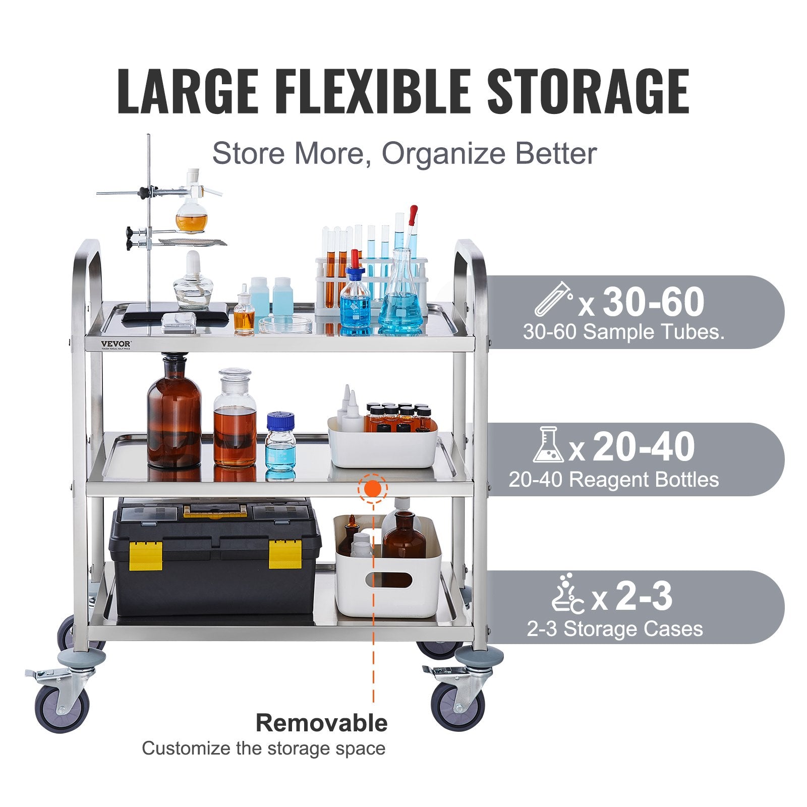 VEVOR Stainless Steel Cart, 3 Layers Lab Utility Cart 181 kg Weight Capacity, Medical Cart with Lockable V952-SYSSTCFB20134R3PNV0