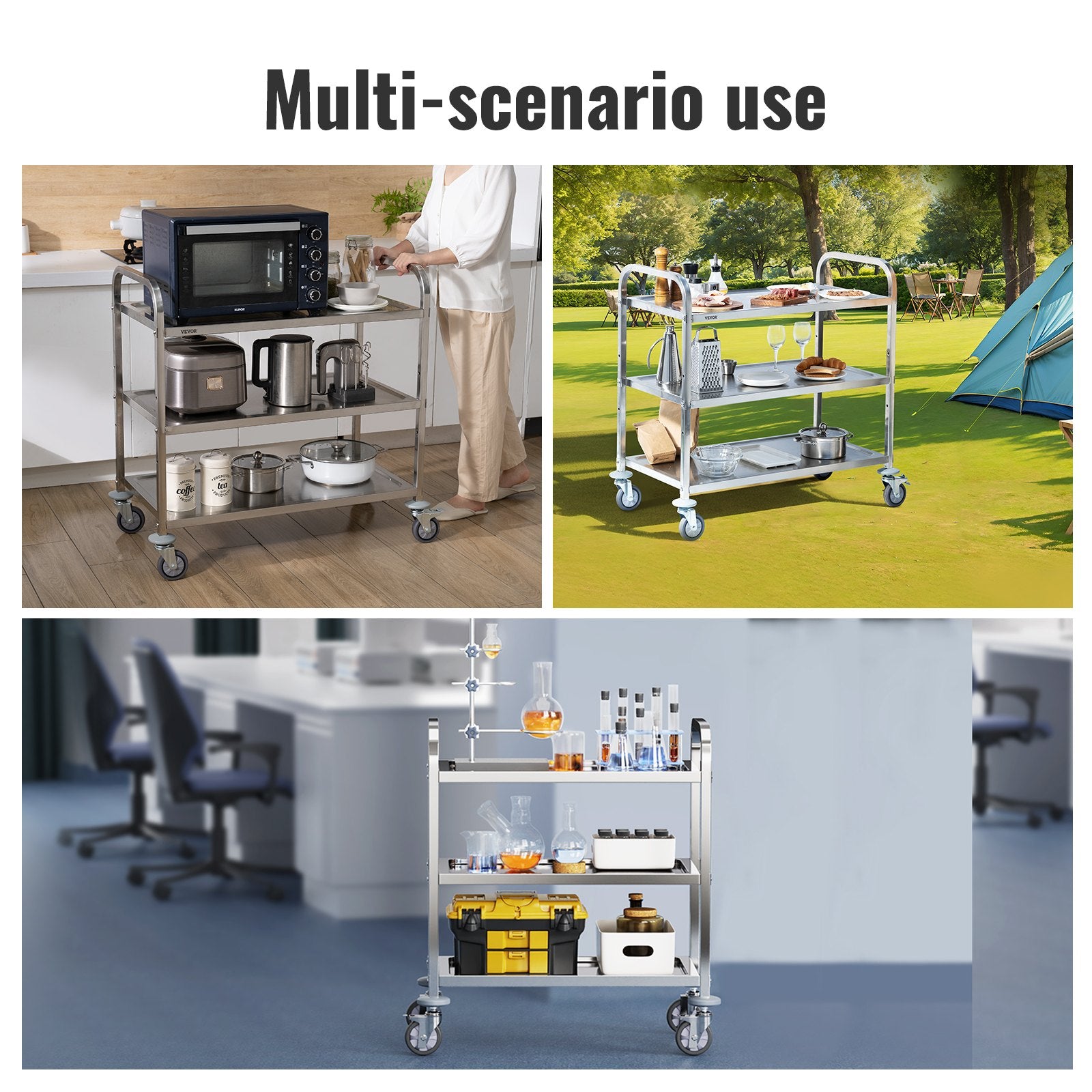 VEVOR Stainless Steel Cart, 3 Layers Lab Utility Cart 181 kg Weight Capacity, Medical Cart with Lockable V952-SYSSTCFB20134R3PNV0