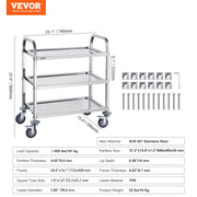 VEVOR Stainless Steel Cart, 3 Layers Lab Utility Cart 181 kg Weight Capacity, Medical Cart with Lockable V952-SYSSTCFB20134R3PNV0