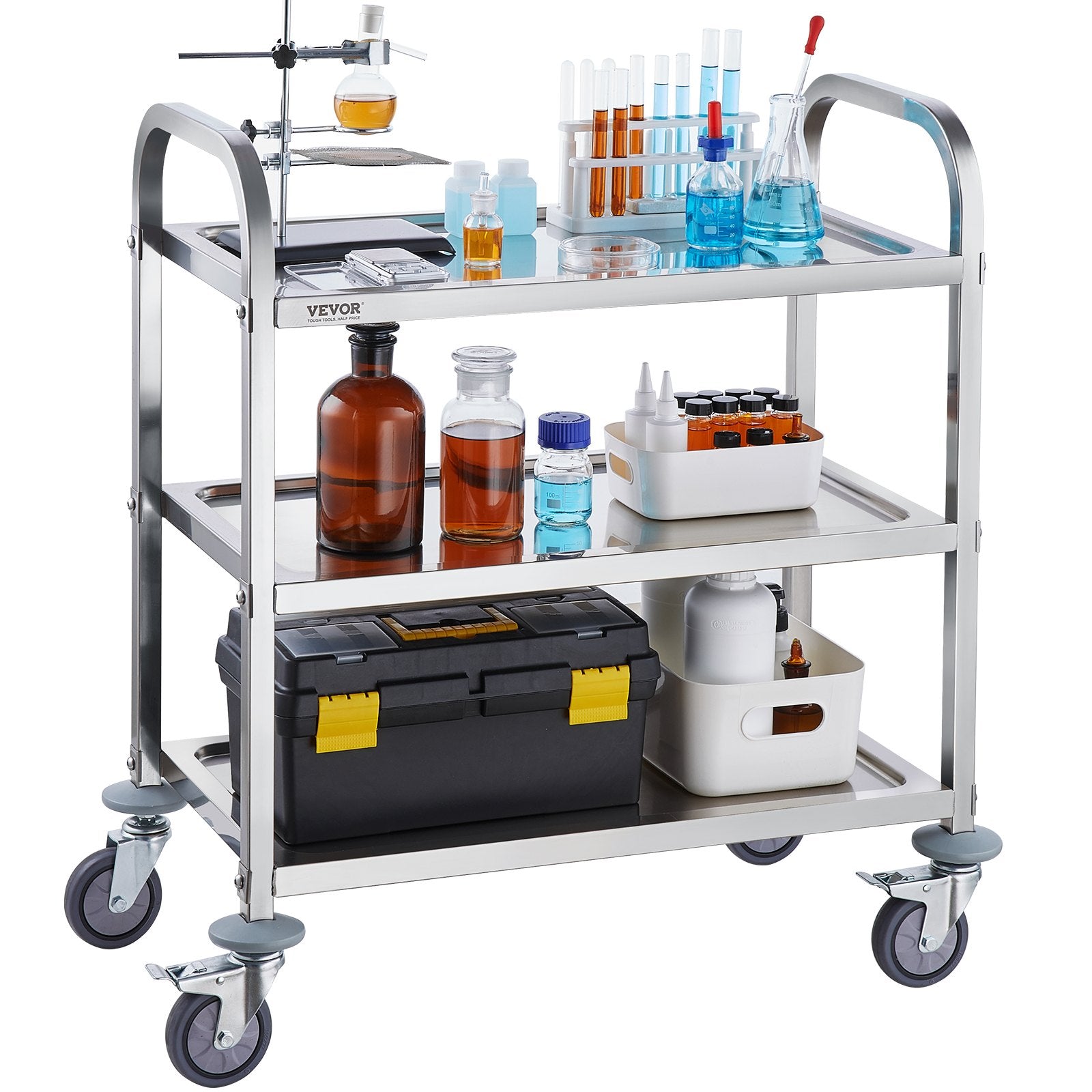 VEVOR Stainless Steel Cart, 3 Layers Lab Utility Cart 181 kg Weight Capacity, Medical Cart with Lockable V952-SYSSTCFB20134R3PNV0