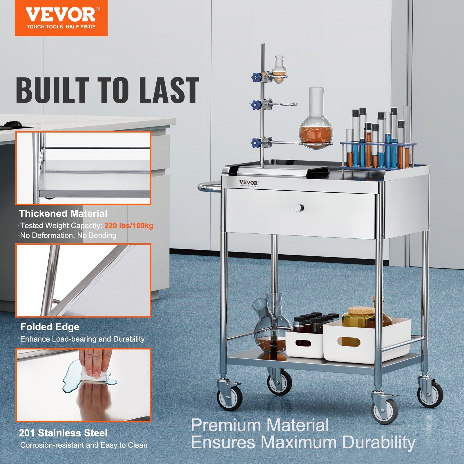 Medical Cart, 2 Layer stainless Steel Cart100 kg Weight Capacity Utility Cart Silent Wheels and a Drawer for V952-SYSSTCSB20124D3E4V0