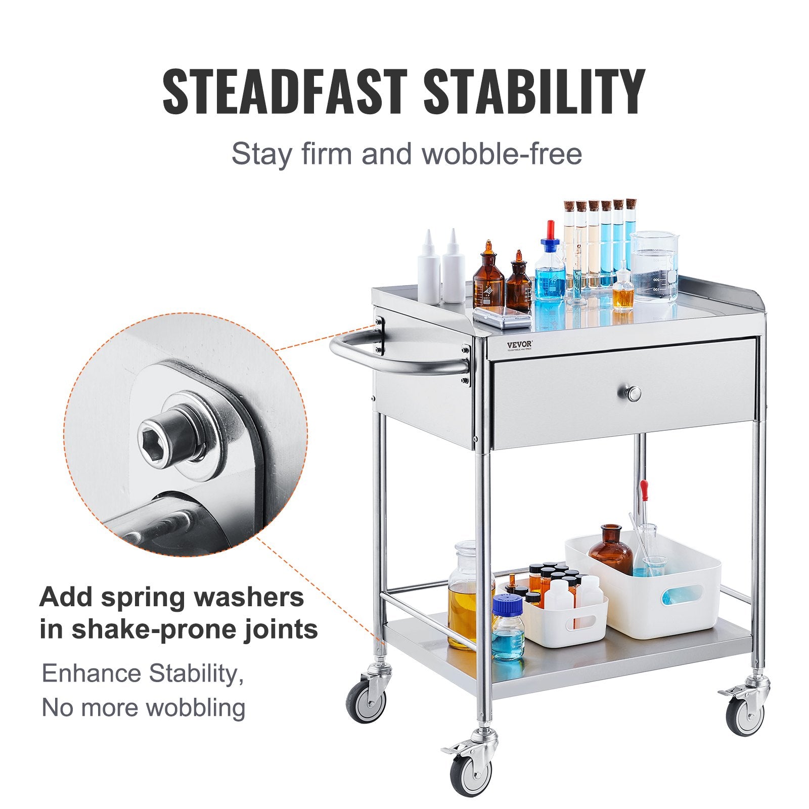 Medical Cart, 2 Layer stainless Steel Cart100 kg Weight Capacity Utility Cart Silent Wheels and a Drawer for V952-SYSSTCSB20124D3E4V0