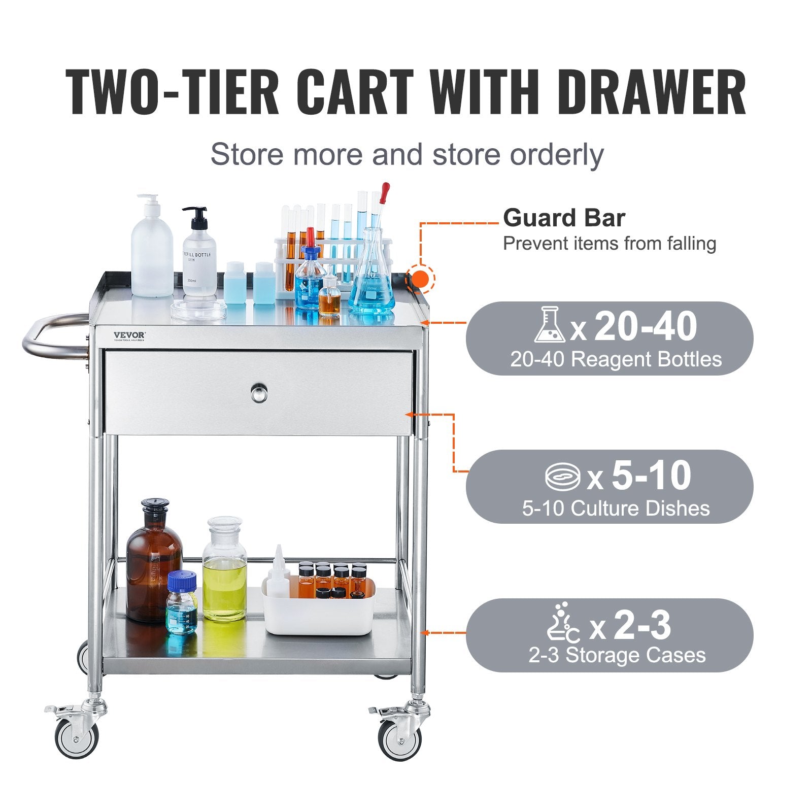 Medical Cart, 2 Layer stainless Steel Cart100 kg Weight Capacity Utility Cart Silent Wheels and a Drawer for V952-SYSSTCSB20124D3E4V0