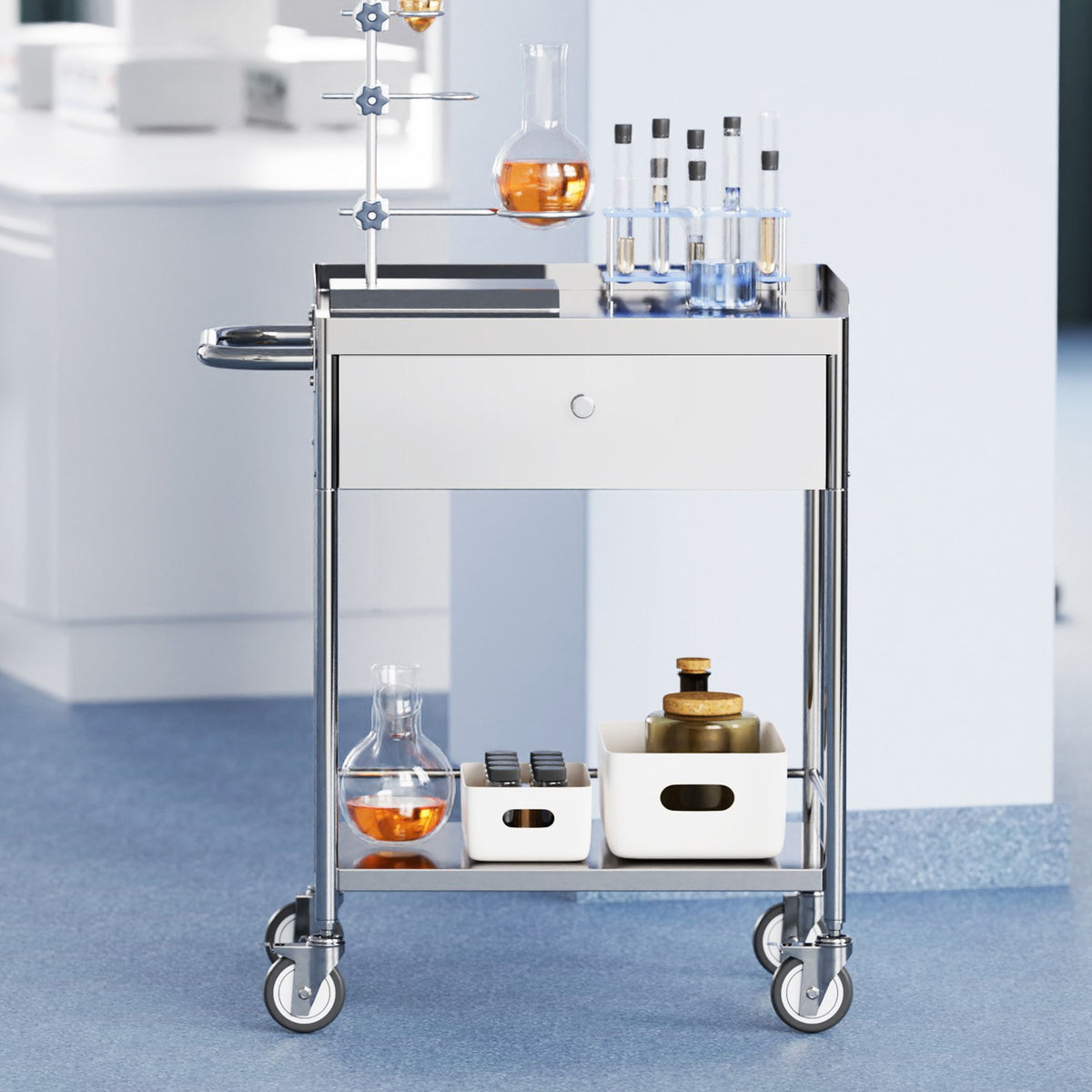 Medical Cart, 2 Layer stainless Steel Cart100 kg Weight Capacity Utility Cart Silent Wheels and a Drawer for V952-SYSSTCSB20124D3E4V0