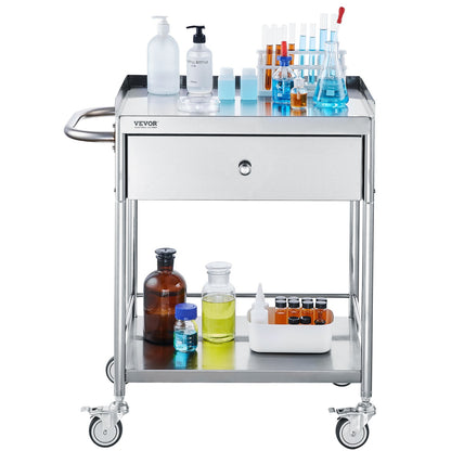 Medical Cart, 2 Layer stainless Steel Cart100 kg Weight Capacity Utility Cart Silent Wheels and a Drawer for V952-SYSSTCSB20124D3E4V0