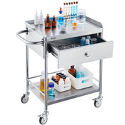 Medical Cart, 2 Layer stainless Steel Cart100 kg Weight Capacity Utility Cart Silent Wheels and a Drawer for V952-SYSSTCSB20124D3E4V0