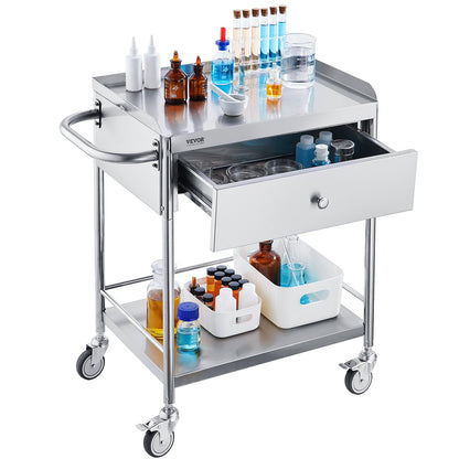 Medical Cart, 2 Layer stainless Steel Cart100 kg Weight Capacity Utility Cart Silent Wheels and a Drawer for V952-SYSSTCSB20124D3E4V0