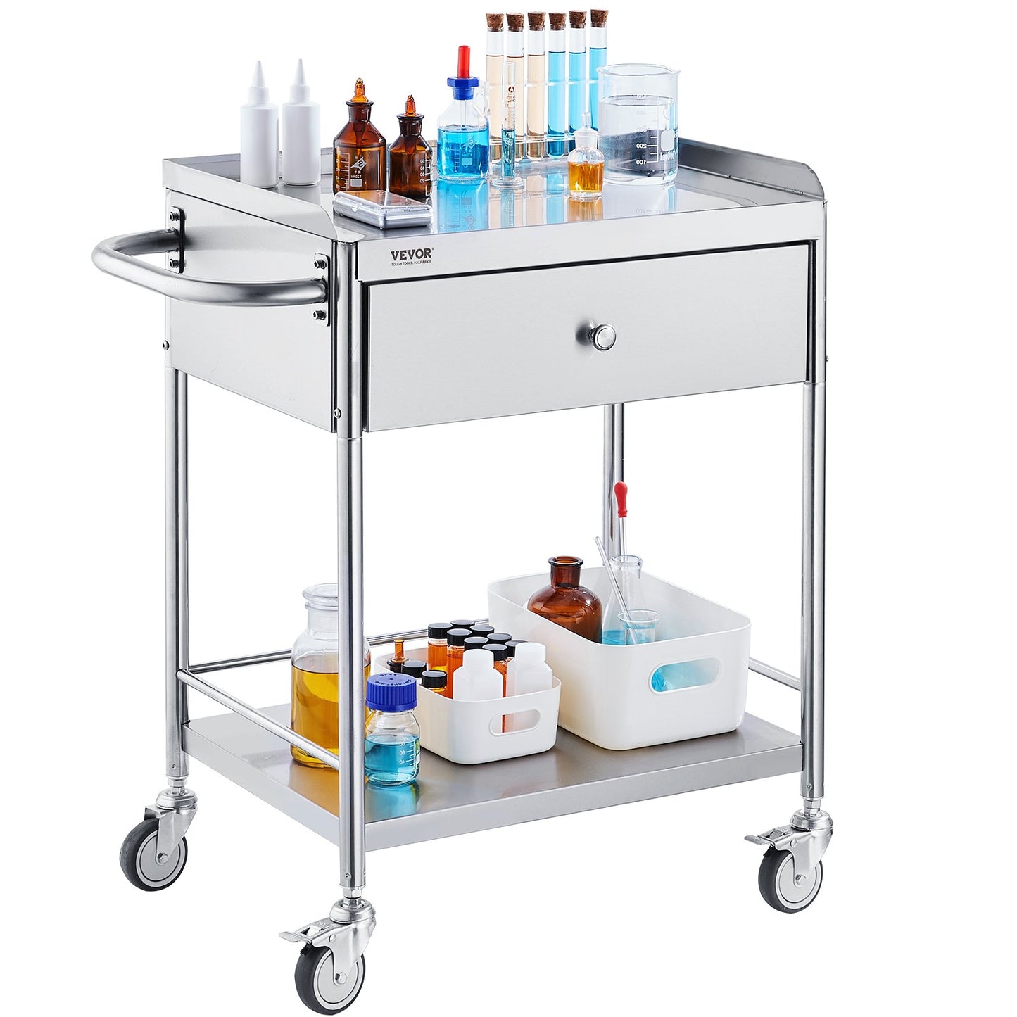 Medical Cart, 2 Layer stainless Steel Cart100 kg Weight Capacity Utility Cart Silent Wheels and a Drawer for V952-SYSSTCSB20124D3E4V0