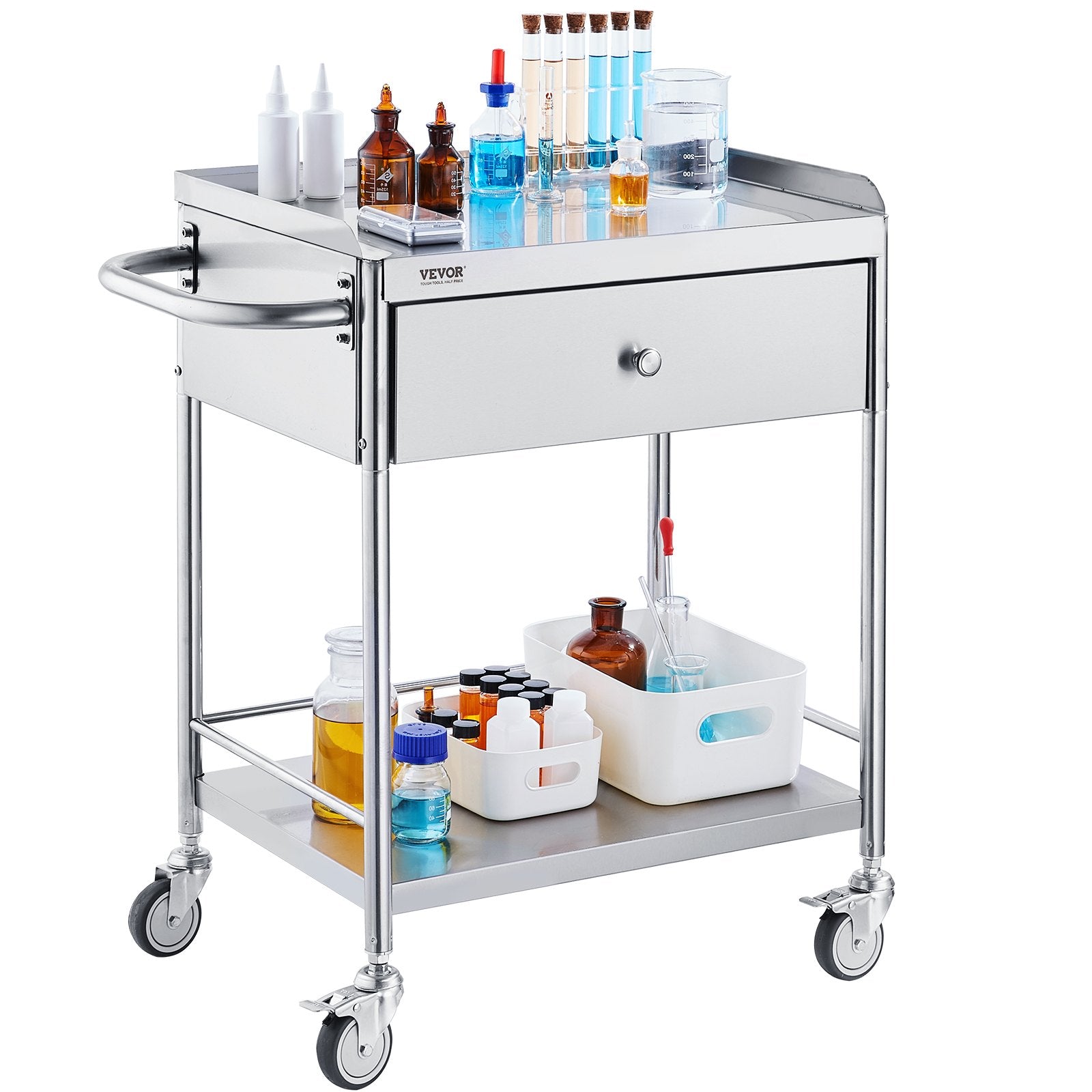 Medical Cart, 2 Layer stainless Steel Cart100 kg Weight Capacity Utility Cart Silent Wheels and a Drawer for V952-SYSSTCSB20124D3E4V0