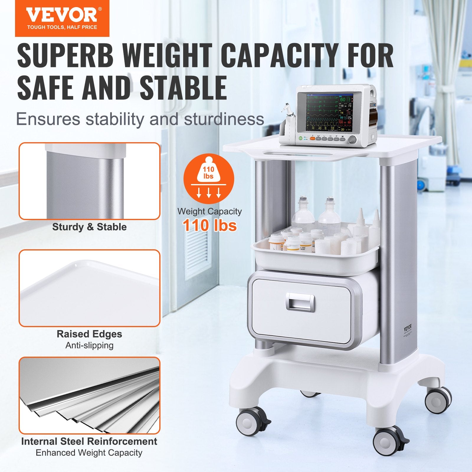 2 Tiers Lab Carts Mobile Medical Cart with 1 Drawer & 1 Top Tray White V952-SYSTCECKFBS42J1Z1V0