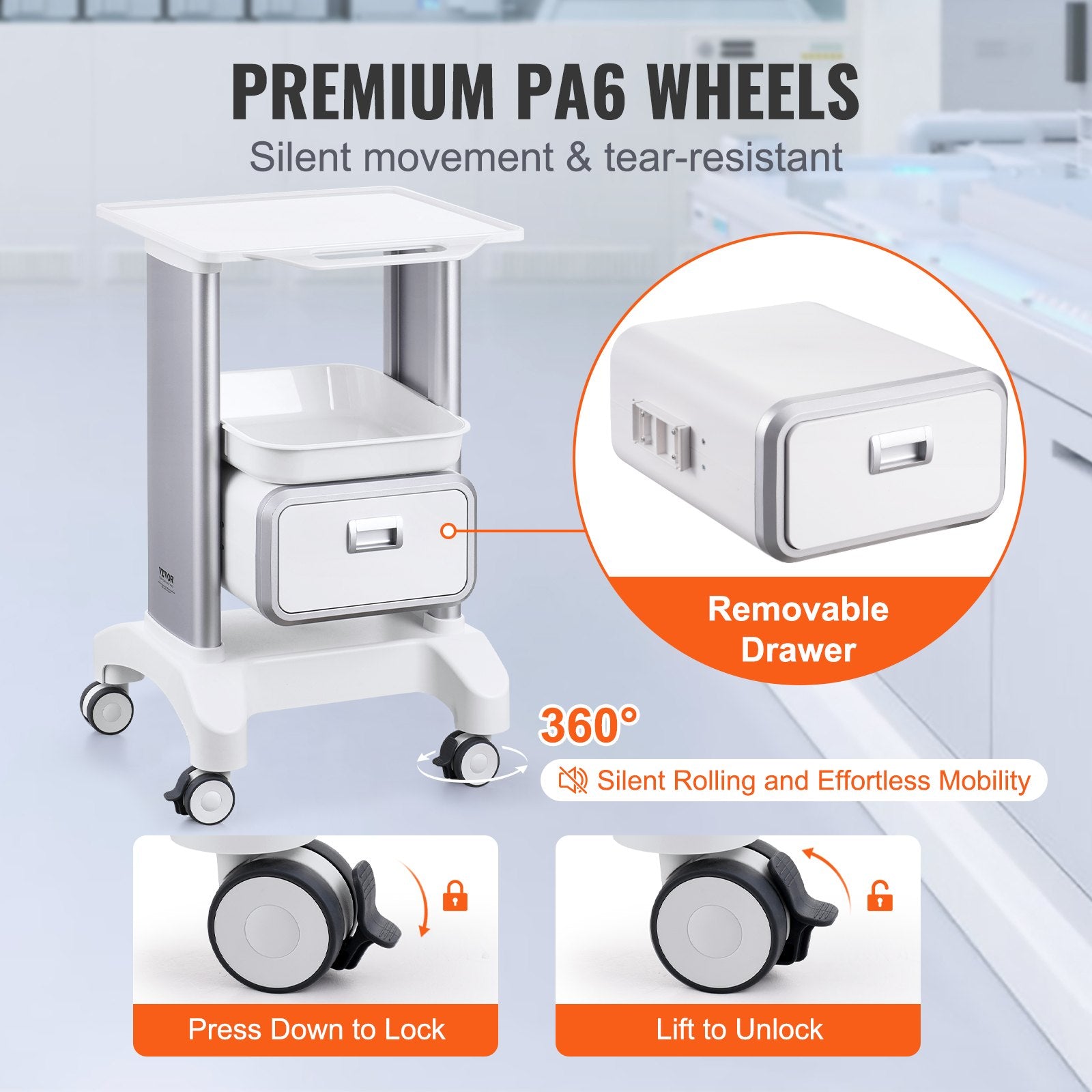 2 Tiers Lab Carts Mobile Medical Cart with 1 Drawer & 1 Top Tray White V952-SYSTCECKFBS42J1Z1V0