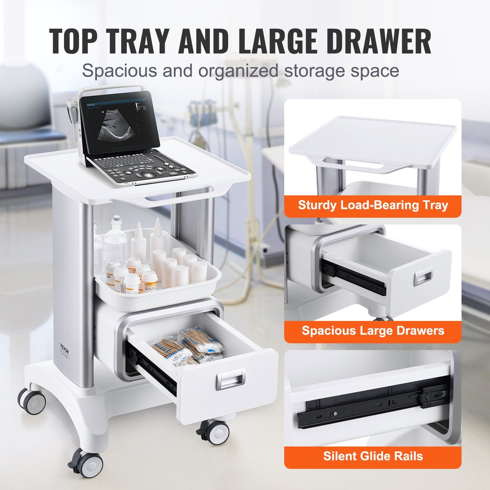 2 Tiers Lab Carts Mobile Medical Cart with 1 Drawer & 1 Top Tray White V952-SYSTCECKFBS42J1Z1V0