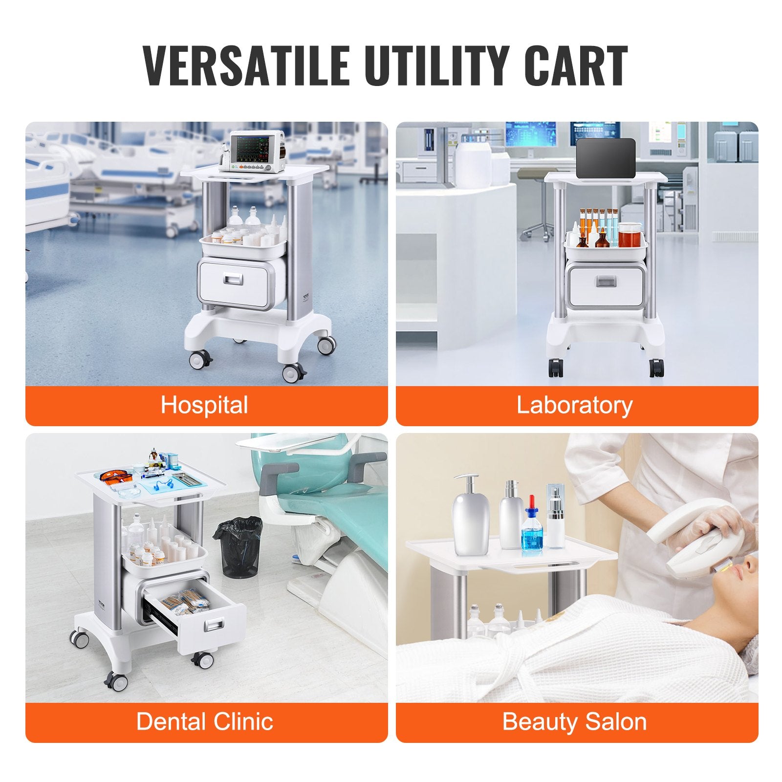 2 Tiers Lab Carts Mobile Medical Cart with 1 Drawer & 1 Top Tray White V952-SYSTCECKFBS42J1Z1V0