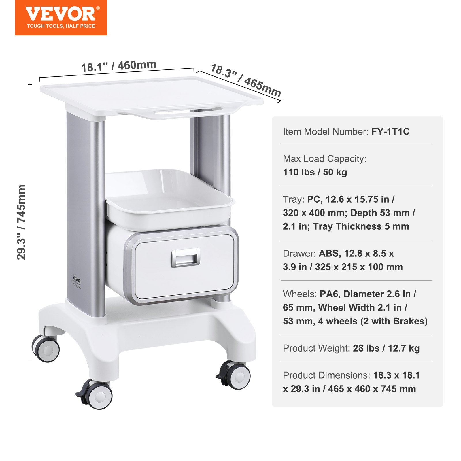 2 Tiers Lab Carts Mobile Medical Cart with 1 Drawer & 1 Top Tray White V952-SYSTCECKFBS42J1Z1V0