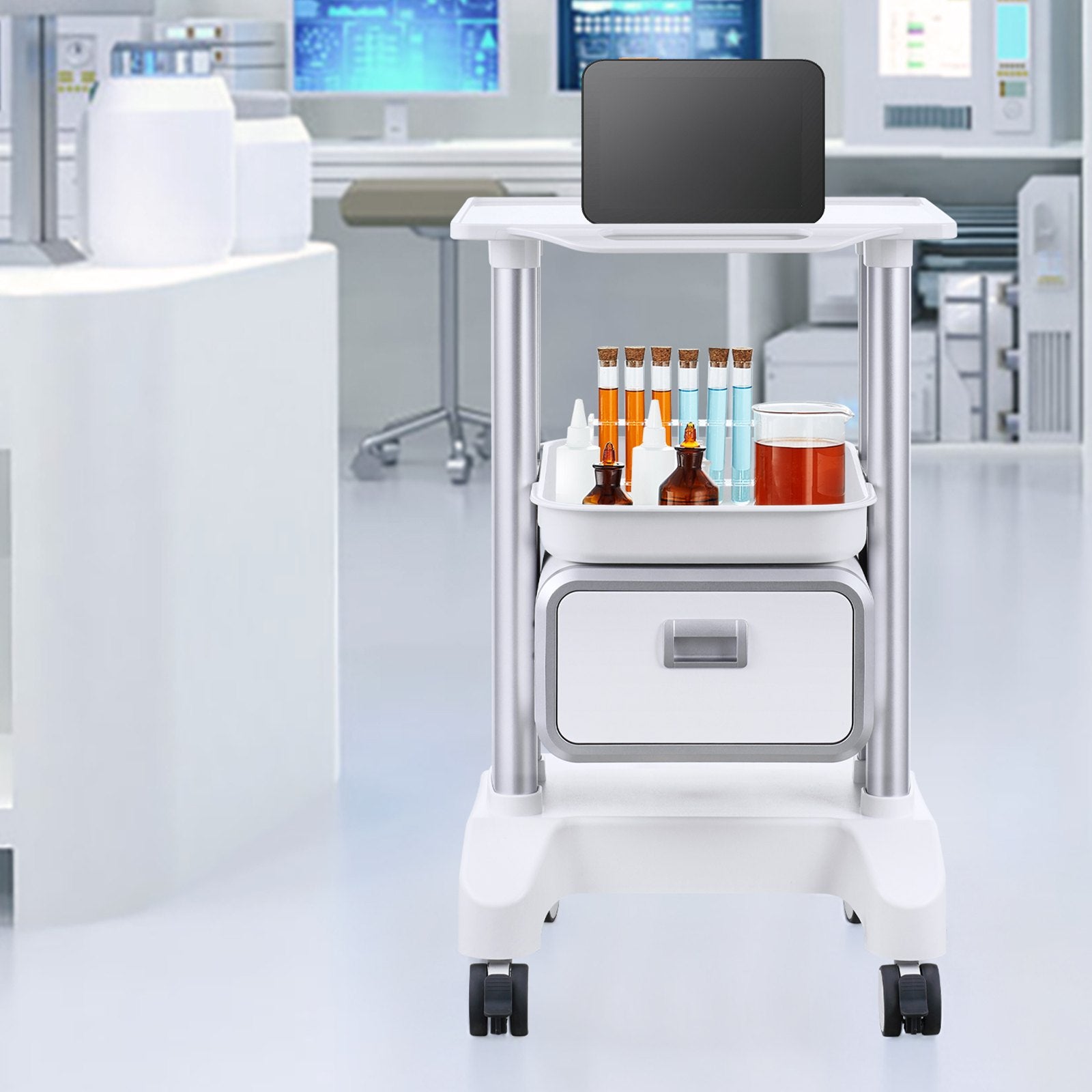 2 Tiers Lab Carts Mobile Medical Cart with 1 Drawer & 1 Top Tray White V952-SYSTCECKFBS42J1Z1V0