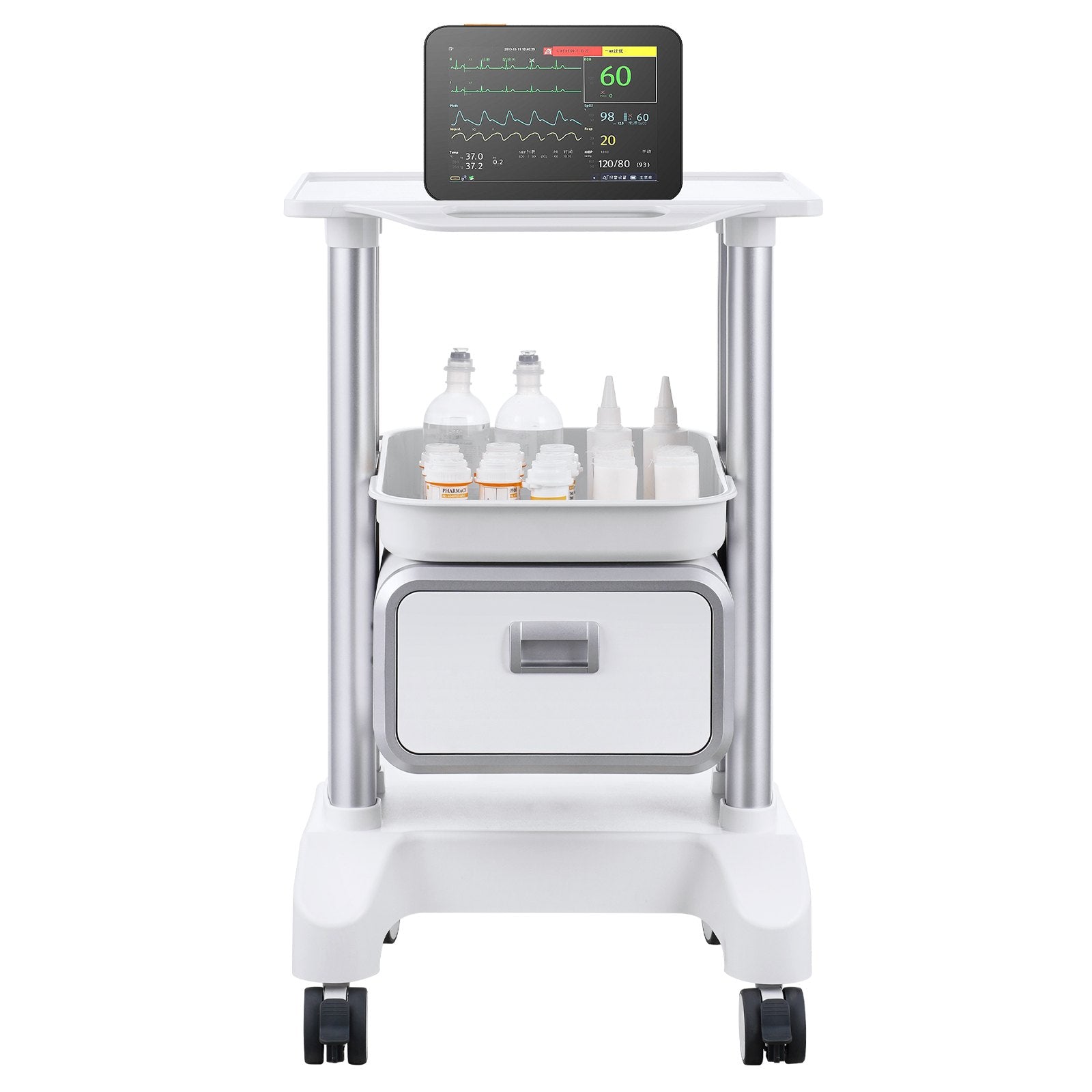 2 Tiers Lab Carts Mobile Medical Cart with 1 Drawer & 1 Top Tray White V952-SYSTCECKFBS42J1Z1V0