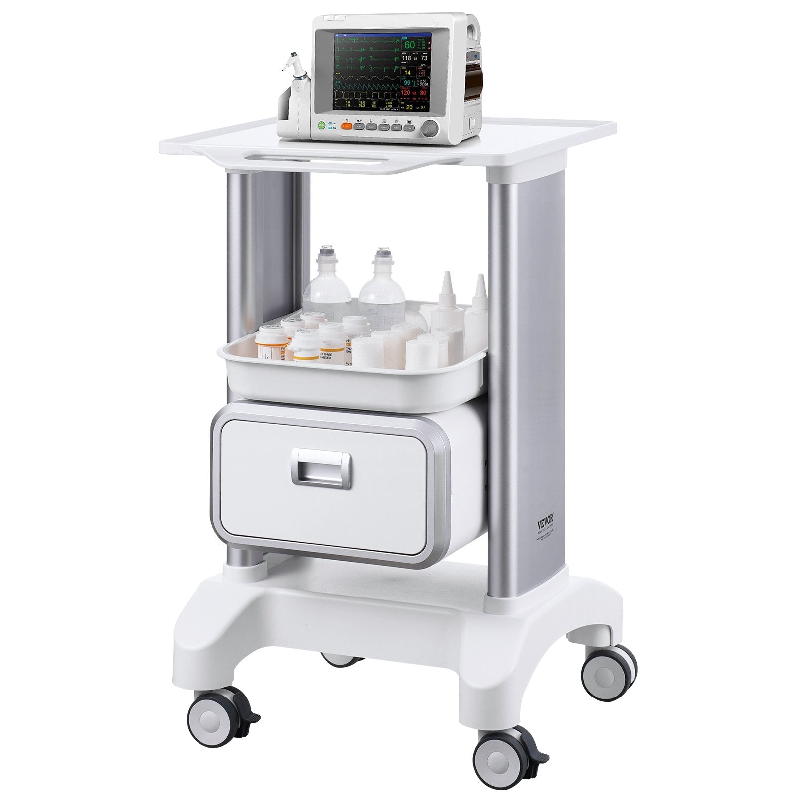 2 Tiers Lab Carts Mobile Medical Cart with 1 Drawer & 1 Top Tray White V952-SYSTCECKFBS42J1Z1V0