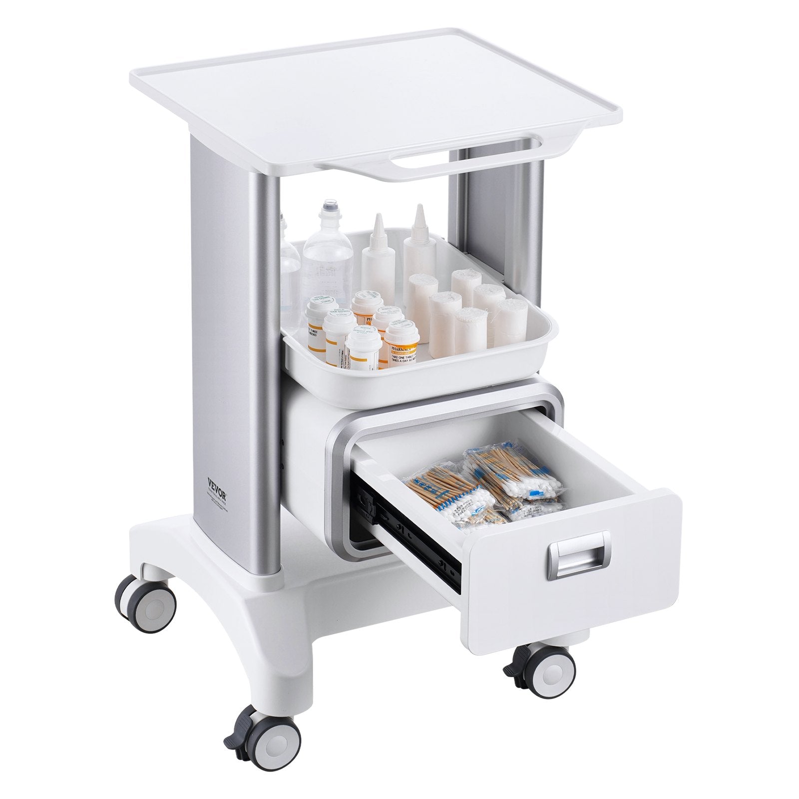 2 Tiers Lab Carts Mobile Medical Cart with 1 Drawer & 1 Top Tray White V952-SYSTCECKFBS42J1Z1V0