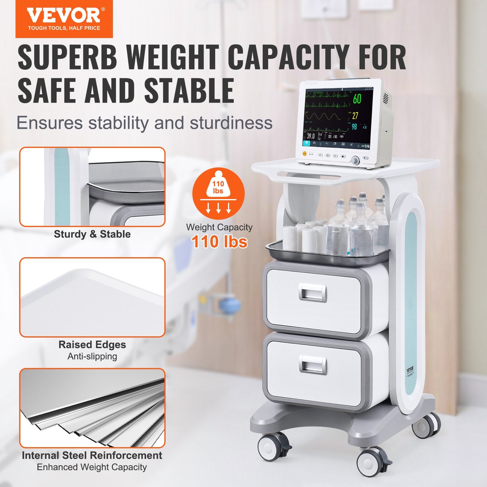 3 Tiers Lab Carts, Lab Utility Cart with 2 Drawers & 1 Top Tray, Mobile Medical Cart with ABS Material, Lab V952-SYSTCECKFBS498TJSV0