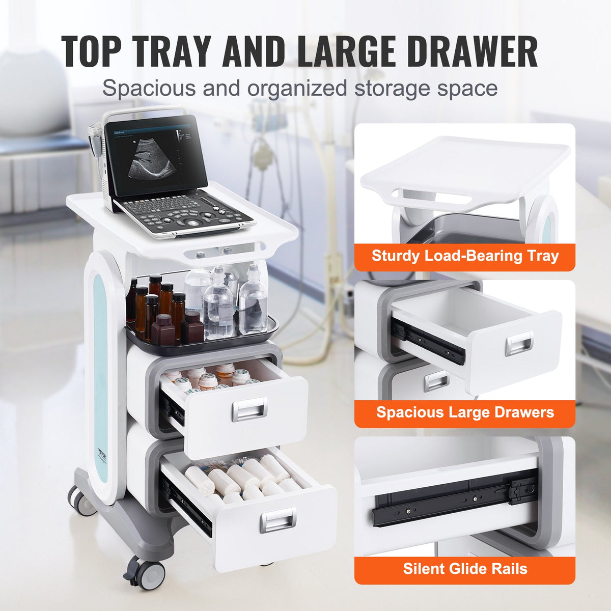 3 Tiers Lab Carts, Lab Utility Cart with 2 Drawers & 1 Top Tray, Mobile Medical Cart with ABS Material, Lab V952-SYSTCECKFBS498TJSV0