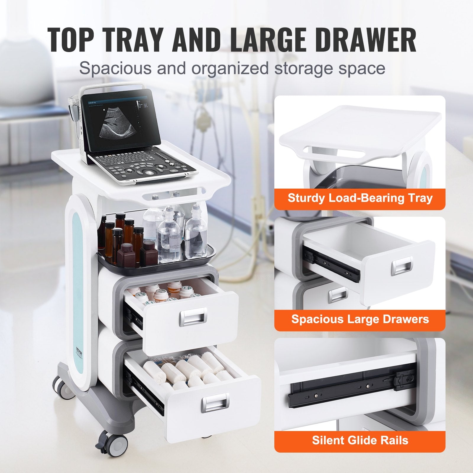 3 Tiers Lab Carts, Lab Utility Cart with 2 Drawers & 1 Top Tray, Mobile Medical Cart with ABS Material, Lab V952-SYSTCECKFBS498TJSV0
