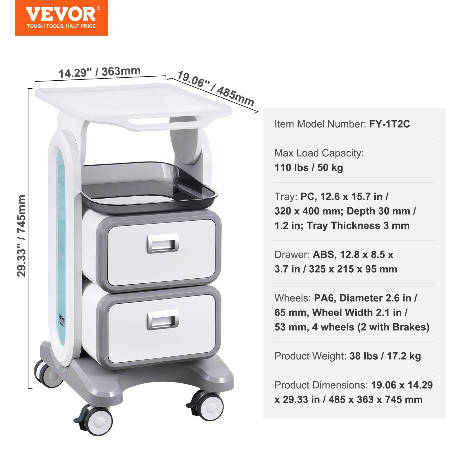 3 Tiers Lab Carts, Lab Utility Cart with 2 Drawers & 1 Top Tray, Mobile Medical Cart with ABS Material, Lab V952-SYSTCECKFBS498TJSV0