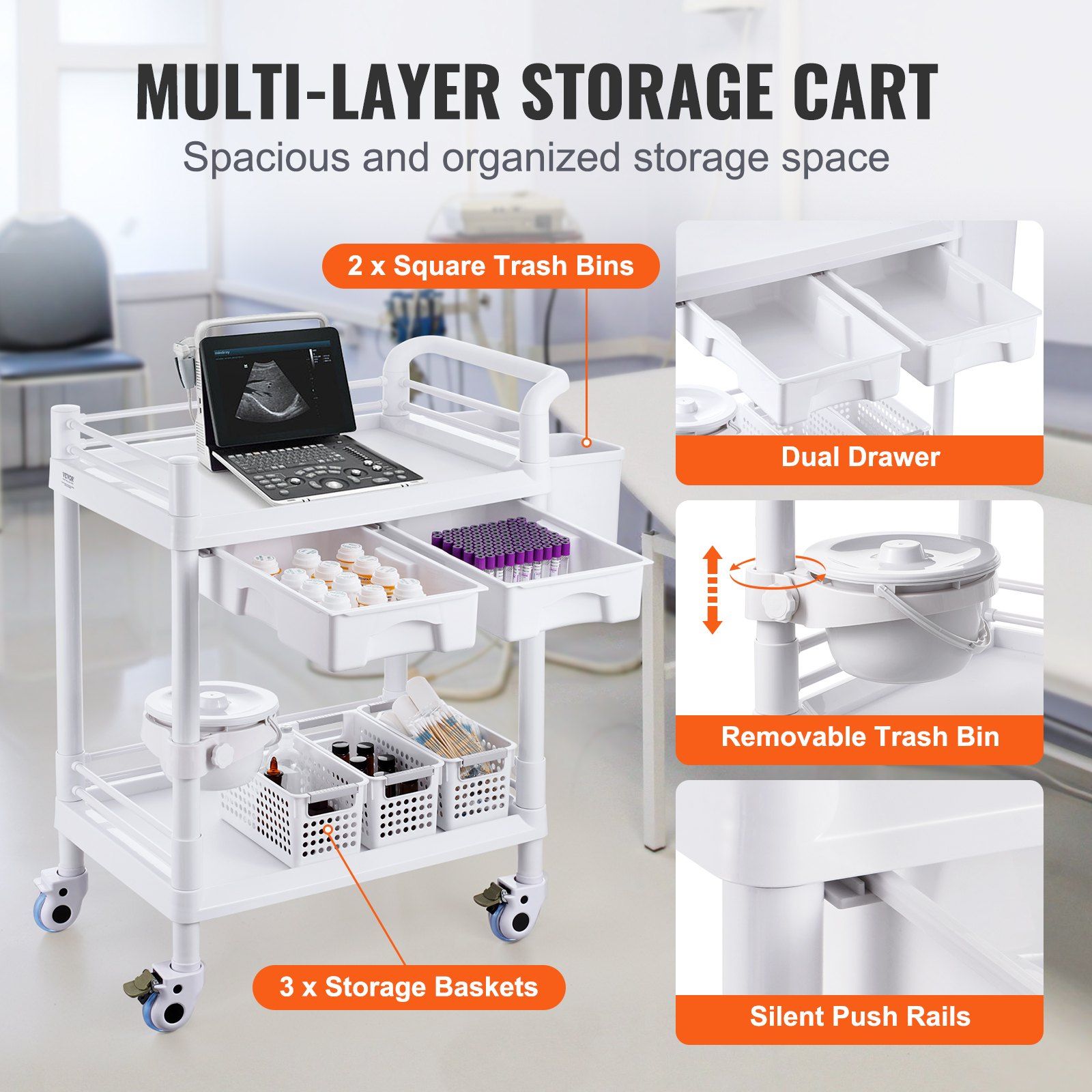 2 Tiers Lab Carts, Lab Utility Cart with 2 Trays, 2 Drawers & 4 Silent Wheels, Mobile Medical Cart with PP V952-SYSTCECKFBS4Q6WT7V0