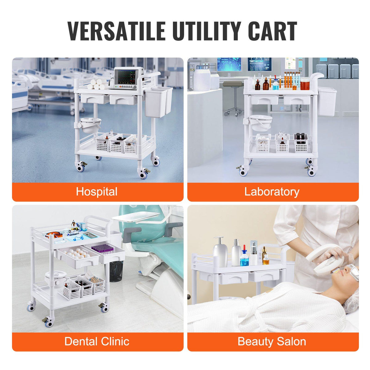 2 Tiers Lab Carts, Lab Utility Cart with 2 Trays, 2 Drawers & 4 Silent Wheels, Mobile Medical Cart with PP V952-SYSTCECKFBS4Q6WT7V0