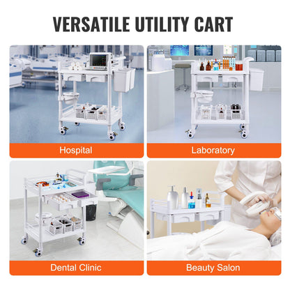 2 Tiers Lab Carts, Lab Utility Cart with 2 Trays, 2 Drawers & 4 Silent Wheels, Mobile Medical Cart with PP V952-SYSTCECKFBS4Q6WT7V0