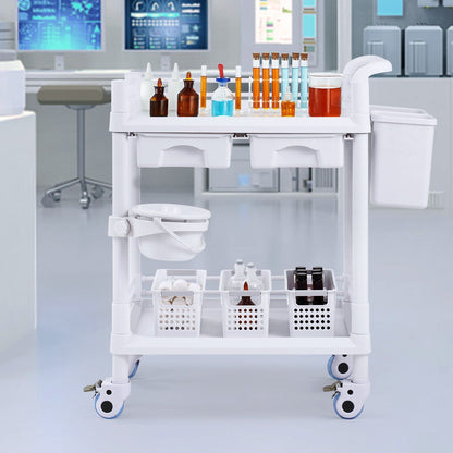 2 Tiers Lab Carts, Lab Utility Cart with 2 Trays, 2 Drawers & 4 Silent Wheels, Mobile Medical Cart with PP V952-SYSTCECKFBS4Q6WT7V0
