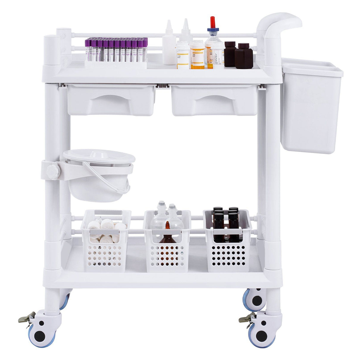 2 Tiers Lab Carts, Lab Utility Cart with 2 Trays, 2 Drawers & 4 Silent Wheels, Mobile Medical Cart with PP V952-SYSTCECKFBS4Q6WT7V0