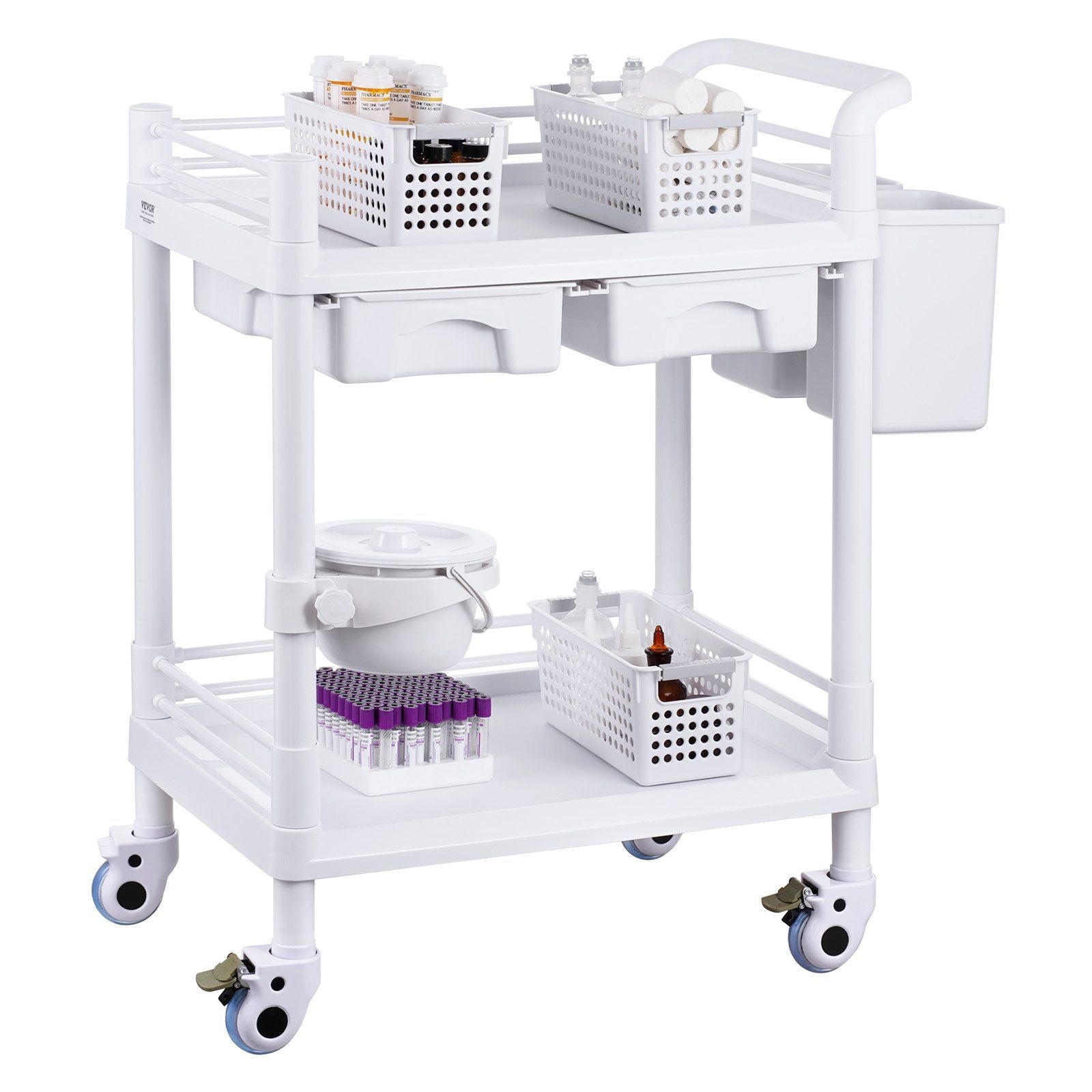 2 Tiers Lab Carts, Lab Utility Cart with 2 Trays, 2 Drawers & 4 Silent Wheels, Mobile Medical Cart with PP V952-SYSTCECKFBS4Q6WT7V0