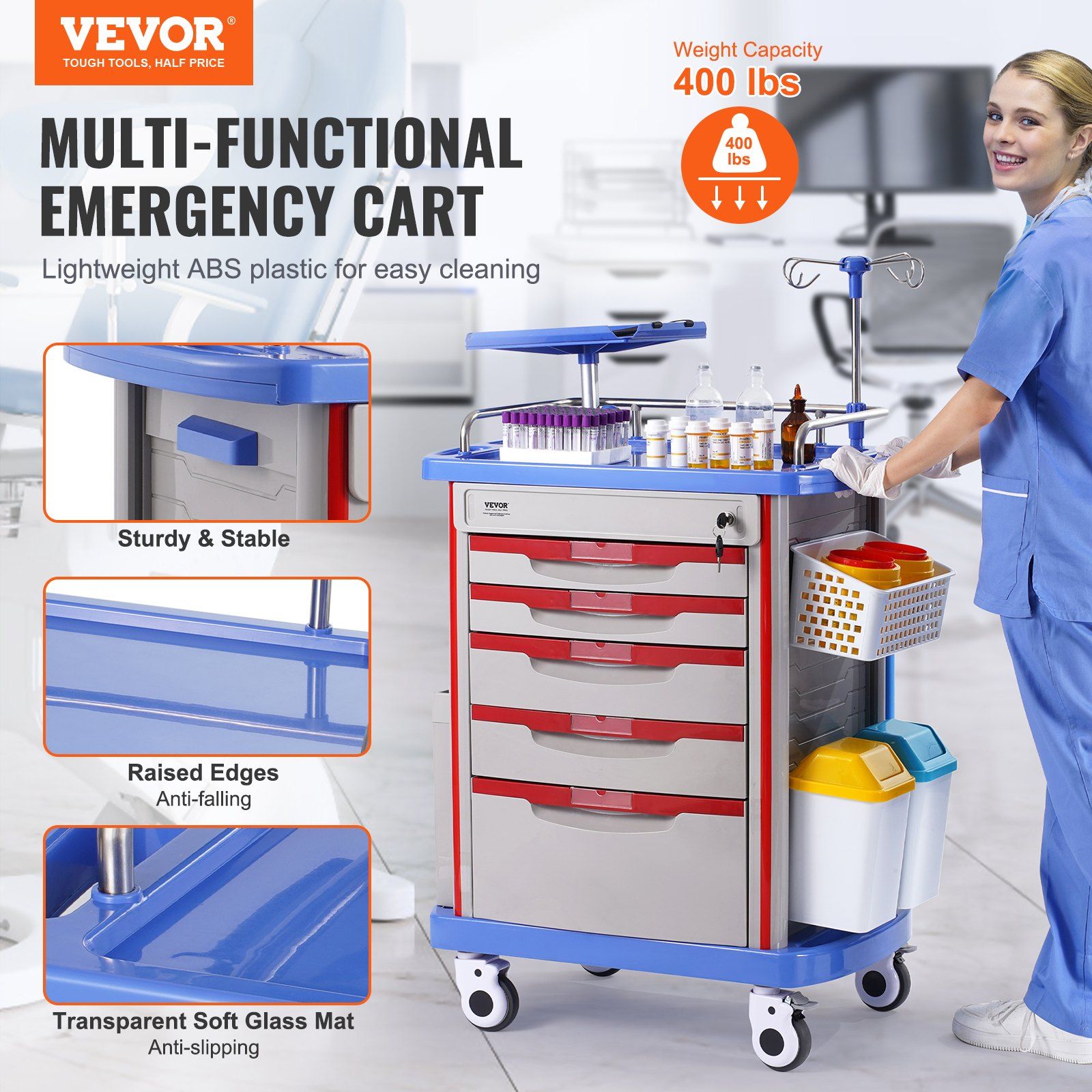5 Tiers Lab Carts, Lab Utility Cart with 5 Drawers & 4 Silent Wheels, Mobile Medical Cart with PP Material, V952-SYSTCECKFLS4VNN2DV3