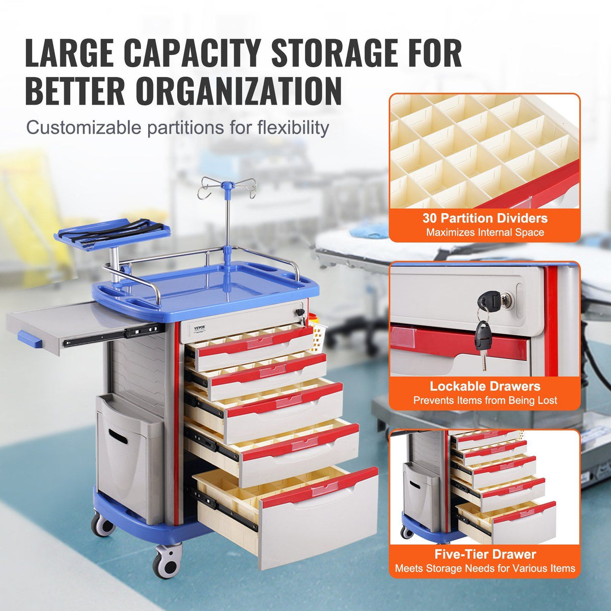 5 Tiers Lab Carts, Lab Utility Cart with 5 Drawers & 4 Silent Wheels, Mobile Medical Cart with PP Material, V952-SYSTCECKFLS4VNN2DV3