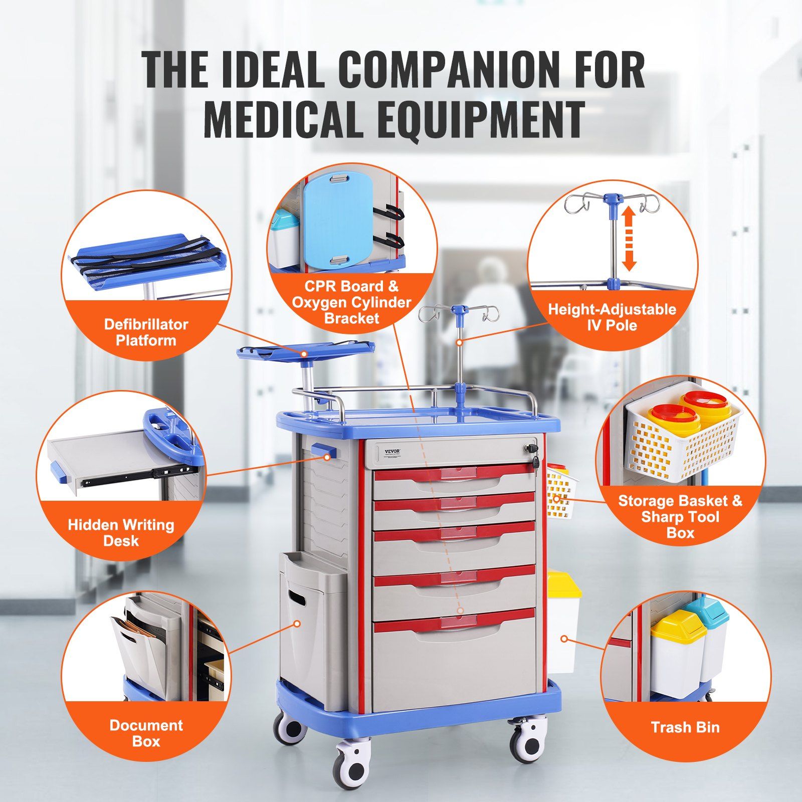 5 Tiers Lab Carts, Lab Utility Cart with 5 Drawers & 4 Silent Wheels, Mobile Medical Cart with PP Material, V952-SYSTCECKFLS4VNN2DV3