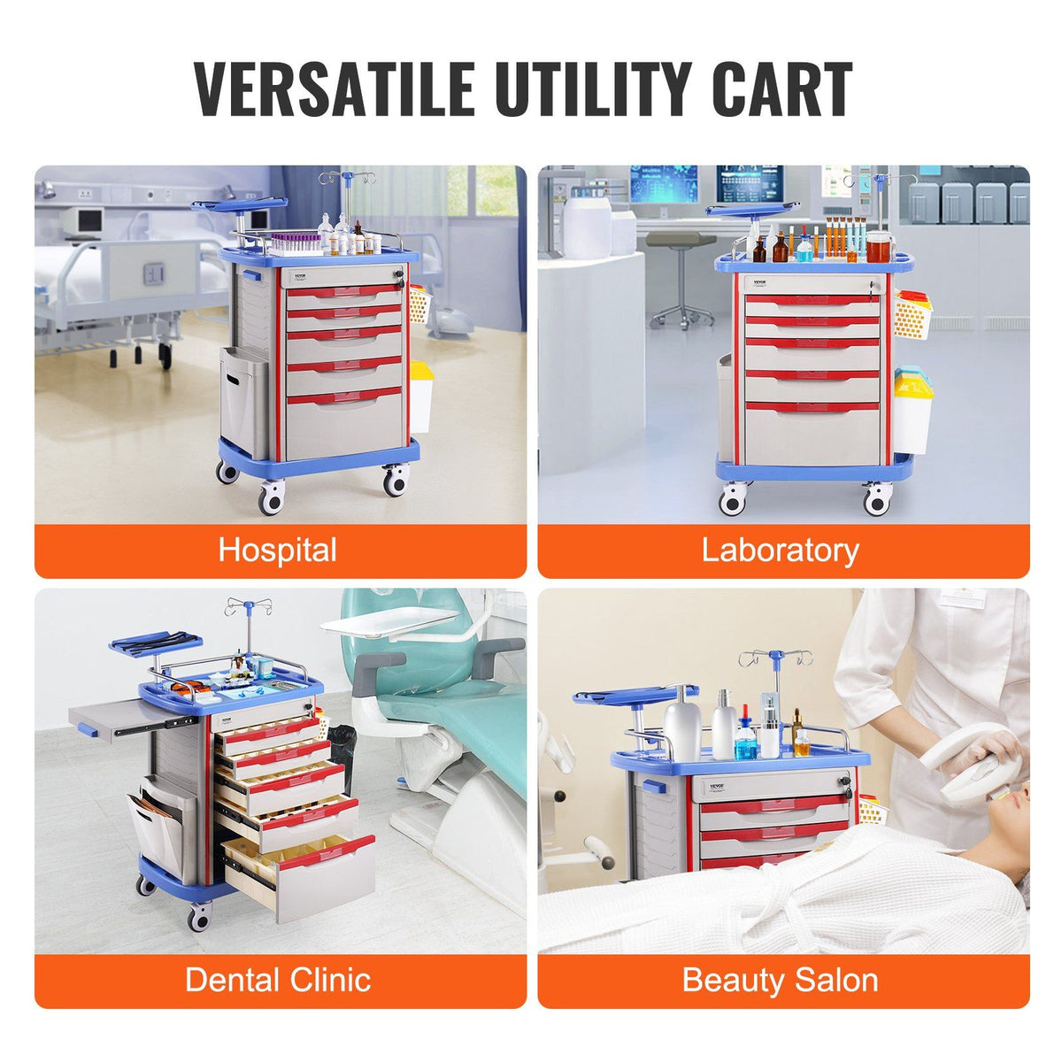 5 Tiers Lab Carts, Lab Utility Cart with 5 Drawers & 4 Silent Wheels, Mobile Medical Cart with PP Material, V952-SYSTCECKFLS4VNN2DV3