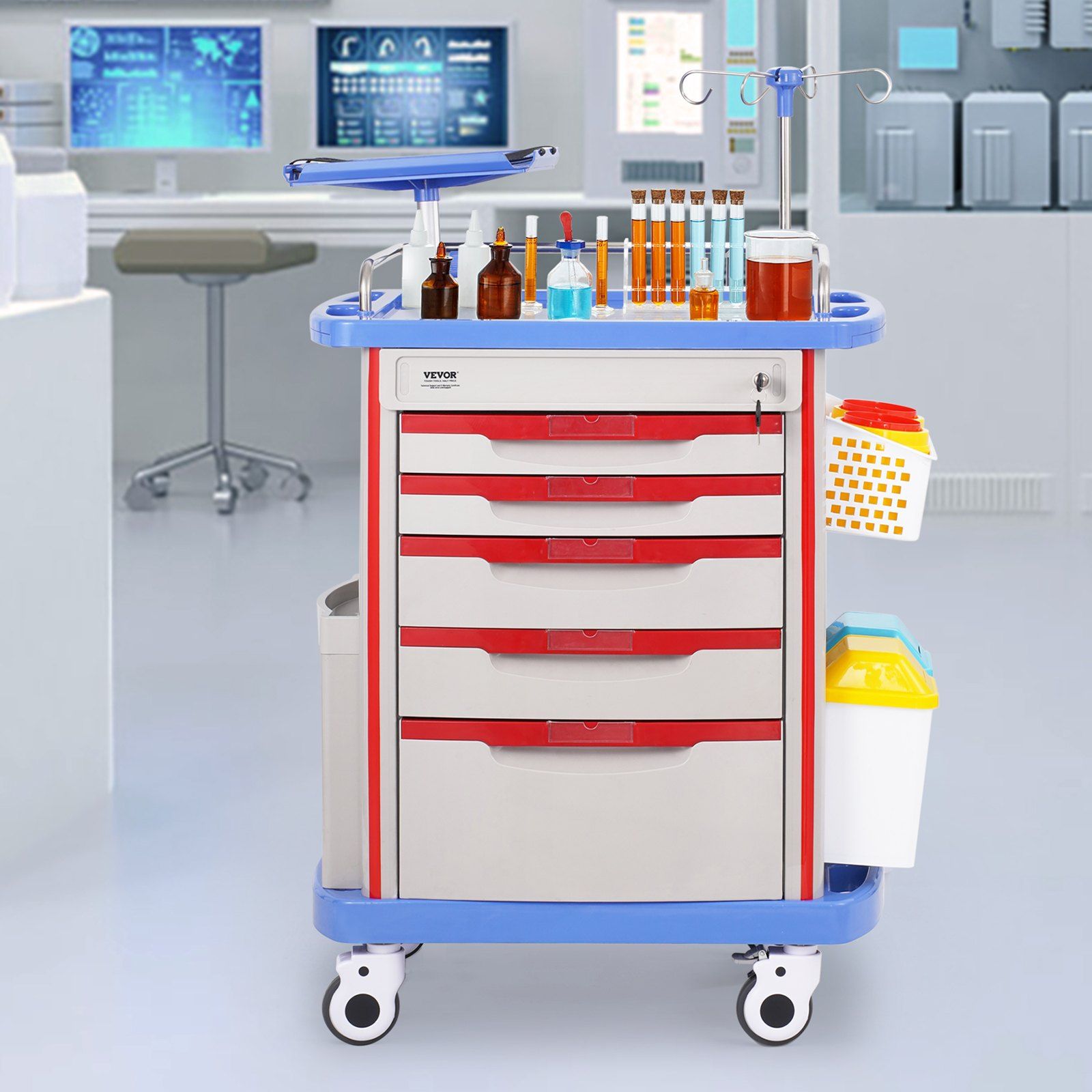 5 Tiers Lab Carts, Lab Utility Cart with 5 Drawers & 4 Silent Wheels, Mobile Medical Cart with PP Material, V952-SYSTCECKFLS4VNN2DV3