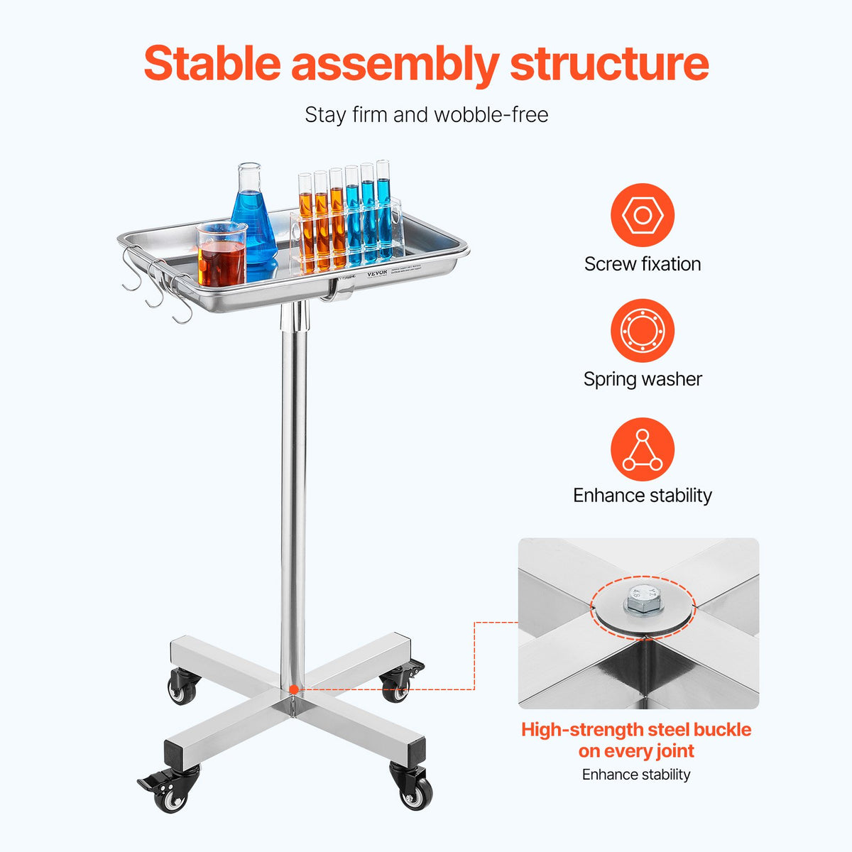 Mayo Stand, Stainless Steel Mayo Tray, Load Capacity up to 35 lbs, Adjustable Height 25.2"-39.8", Medical V952-SYSTCECKFS411UNA4V0