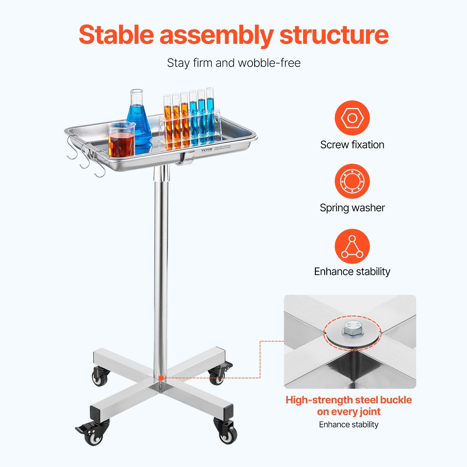 Mayo Stand, Stainless Steel Mayo Tray, Load Capacity up to 35 lbs, Adjustable Height 25.2"-39.8", Medical V952-SYSTCECKFS411UNA4V0