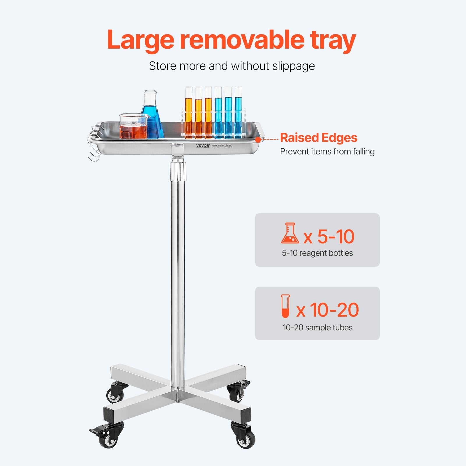 Mayo Stand, Stainless Steel Mayo Tray, Load Capacity up to 35 lbs, Adjustable Height 25.2"-39.8", Medical V952-SYSTCECKFS411UNA4V0