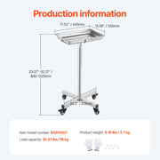 Mayo Stand, Stainless Steel Mayo Tray, Load Capacity up to 35 lbs, Adjustable Height 25.2"-39.8", Medical V952-SYSTCECKFS411UNA4V0
