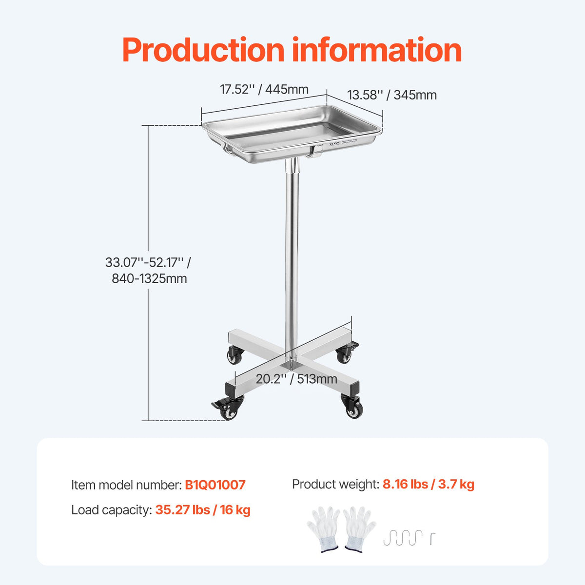 Mayo Stand, Stainless Steel Mayo Tray, Load Capacity up to 35 lbs, Adjustable Height 25.2"-39.8", Medical V952-SYSTCECKFS411UNA4V0